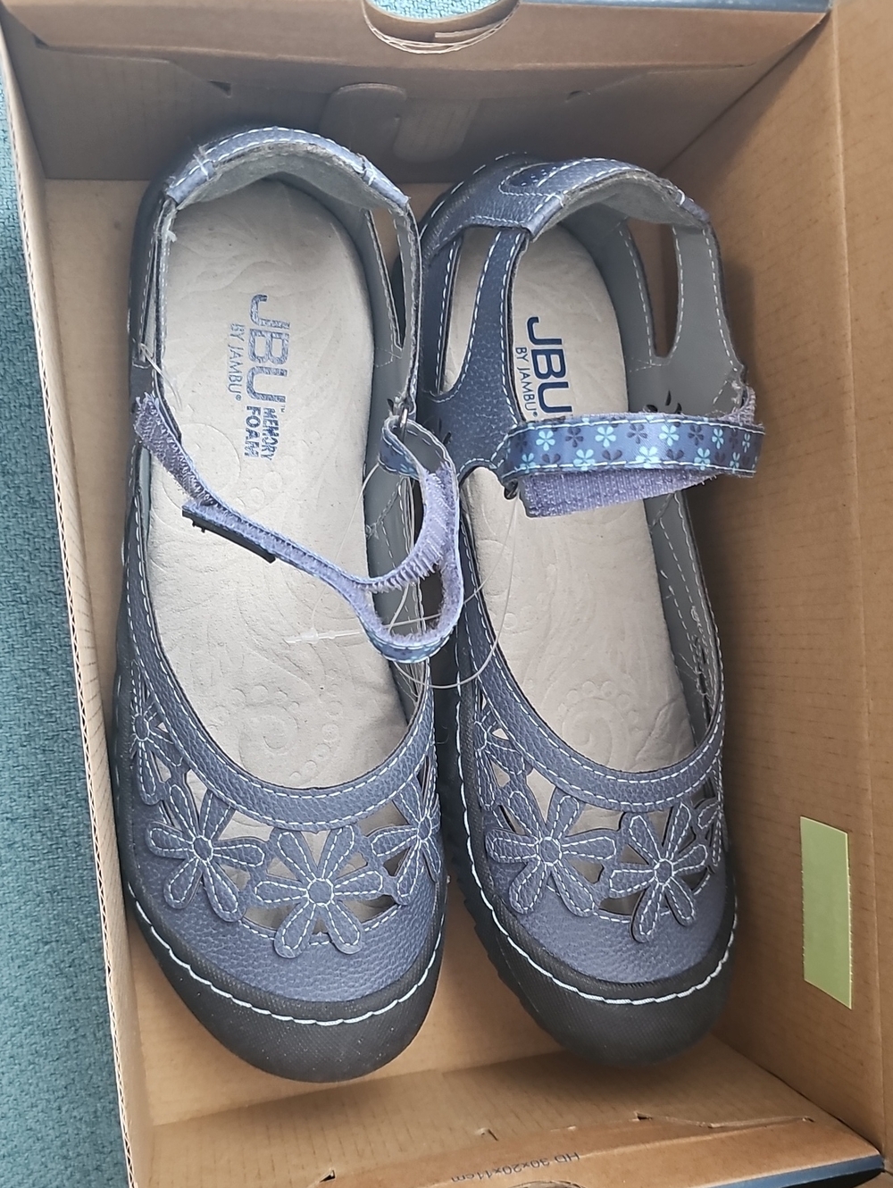 JBU Women's Blue Floral Strap Mary Jane Flats